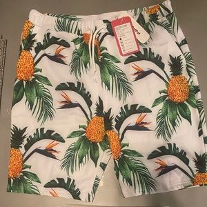Allover Tropical Pineapple Print Swim Trunks